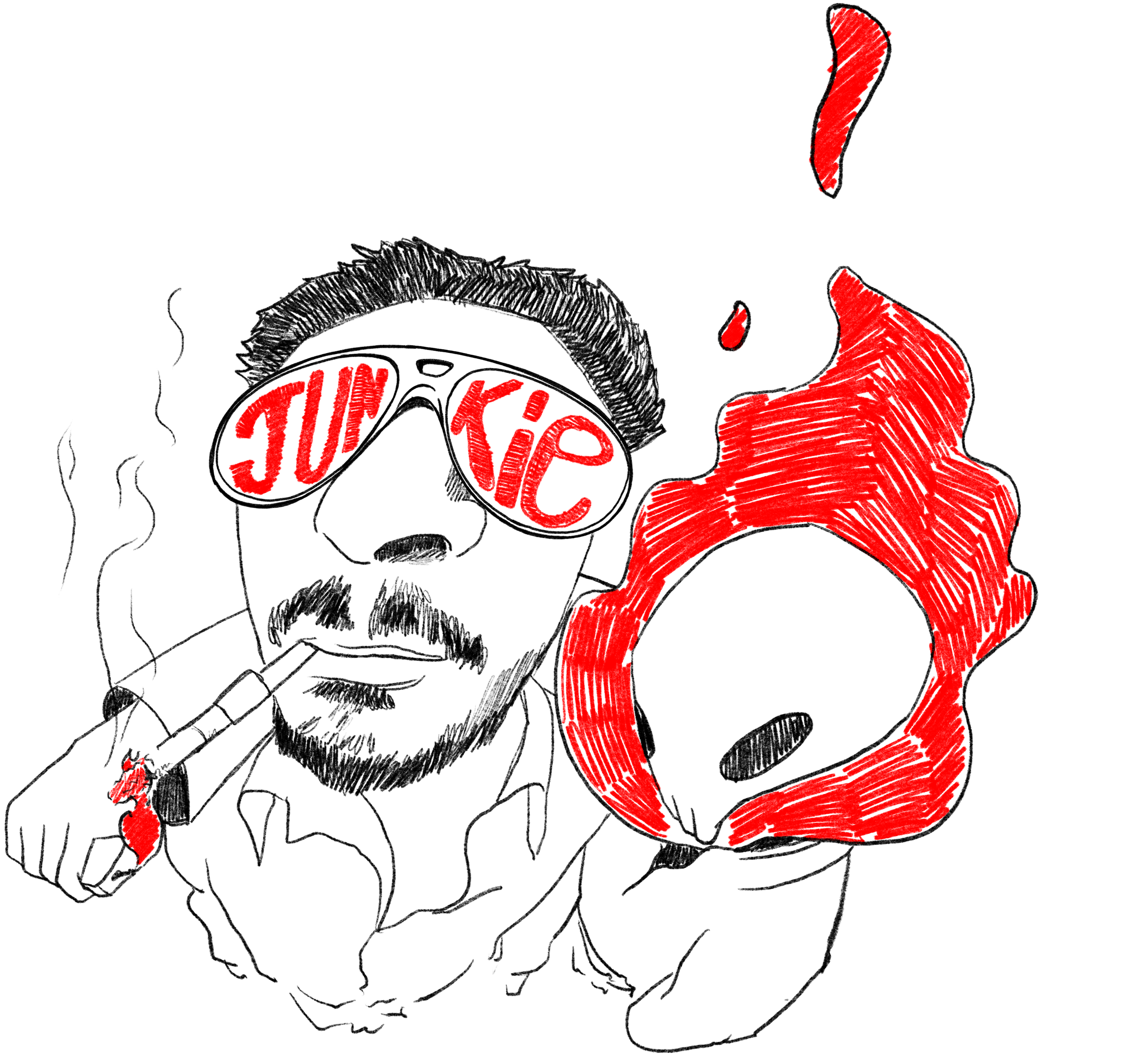 Illustration of a person wearing sunglasses with 'Junkie' text, smoking a cigarette, and surrounded by red splashes on a white background.
