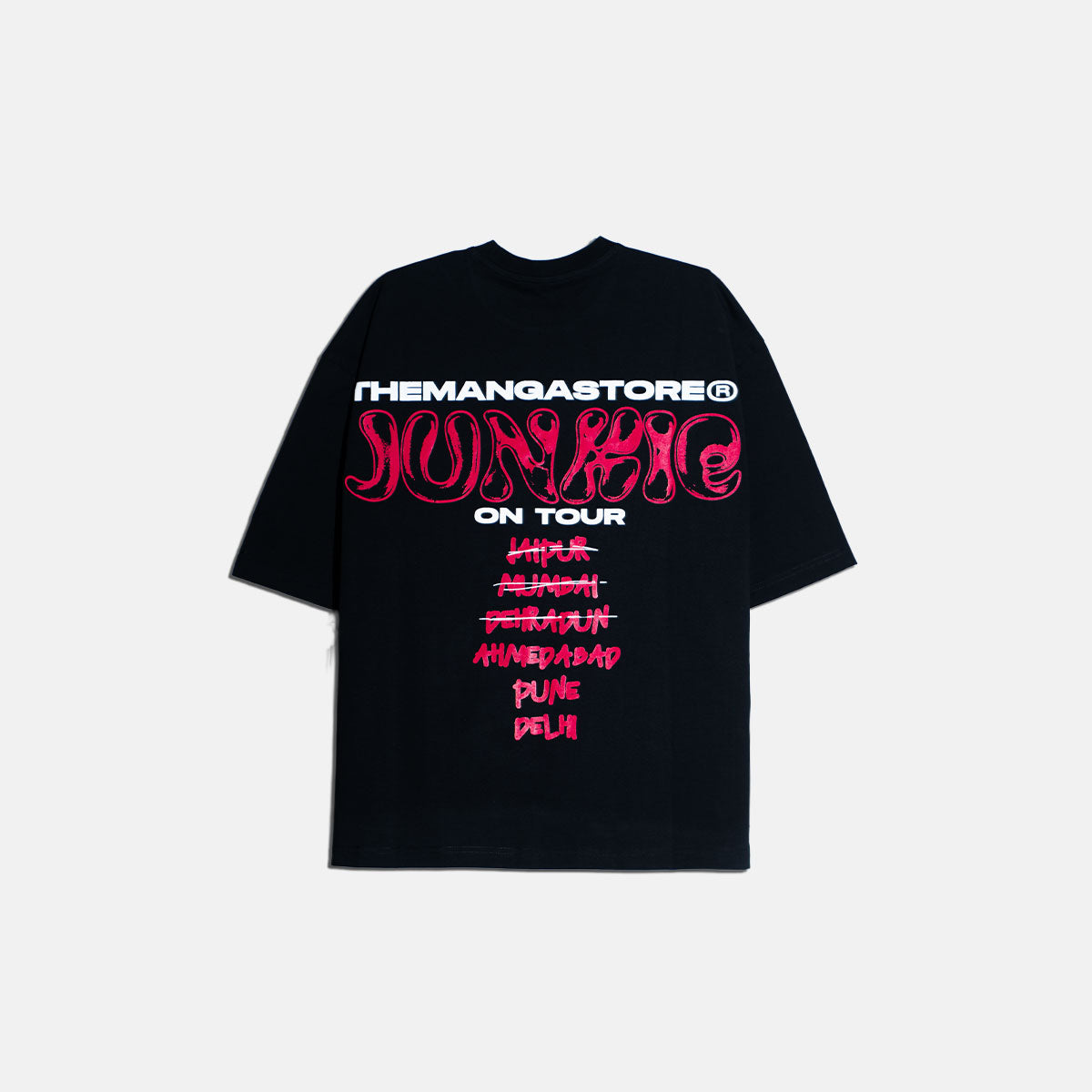 Back side of JUNKIE ON TOUR black tee with city list print
