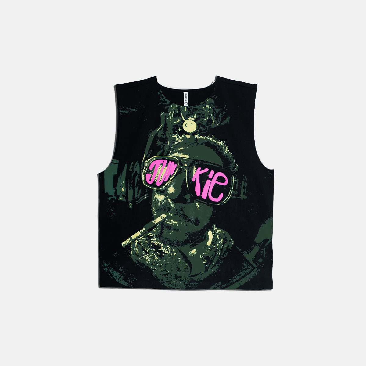 Front side of Junkie black vest with bold graphic and pink JUNKIE text on sunglasses